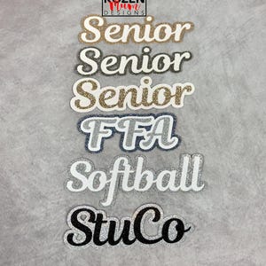 CLEARANCE - Word Die Cuts in Marigold Font. Used for Homecoming Mum or Garter. Options are Senior, FFA, Softball, StuCo.