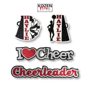 Personalized Cheerleader Glitter Die Cuts with Pom Pom & Megaphone, Customizable for School or Student, Homecoming Mums or Senior Gifts