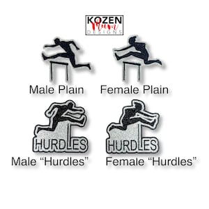 May include: Four glittery black and silver hurdle athlete silhouettes arranged in a grid. The top row shows plain silhouettes, while the bottom row includes the text HURDLES. Labels include Male Plain, Female Plain, Male Hurdles, and Female Hurdles.