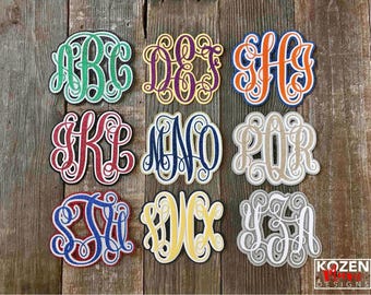 Elegant 3 color monogram for homecoming mum. Three letters in monogram, all colors available. Size options 3-10" wide. Great for seniors.