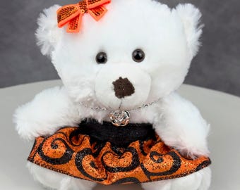 Bear in Elegant Orange and Black Dress for Homecoming Mum or Unique Gift. Sits 6" tall. Bow Comes Detached