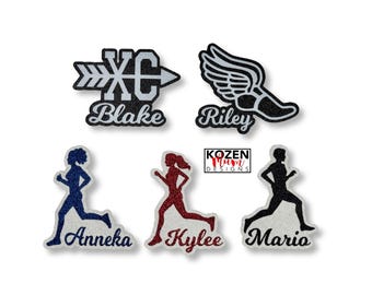 Personalized Cross Country Glitter Paper Die Cuts for Homecoming Mums, Garters, Scrapbooks. Features: XC, Track Shoe, Female & Male Runners.