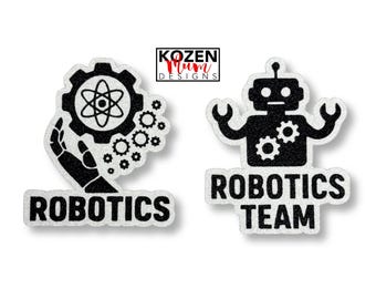 Robotics Glitter Paper Die Cuts Used for Homecoming Mums, Garters, Scrapbooks & Senior Projects. Features: Atomic Symbol, Gears, Robots