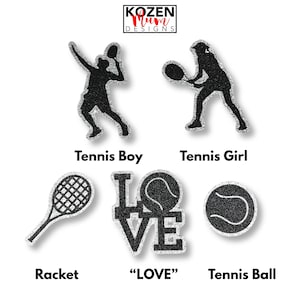 Tennis Die Cuts Used for Homecoming Mums, Garters, Scrapbooks, and Senior Projects. Features Tennis Ball, Tennis Racket, Male, Female Player