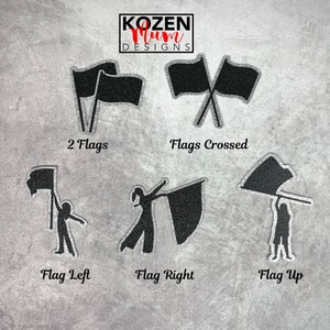 May include: A collection of black glittery silhouettes featuring flag designs with silver borders. The set includes 2 Flags, Flags Crossed, Flag Left, Flag Right, and Flag Up. The top center displays the text KOZEN Mum DESIGNS in a black box.