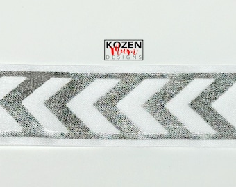 1-5 Yards Chevron Imprint Ribbon, Silver on White, 1 3/8" Wide, Ideal for Homecoming Mums or Garters, Choose Your Length of #9 Ribbon