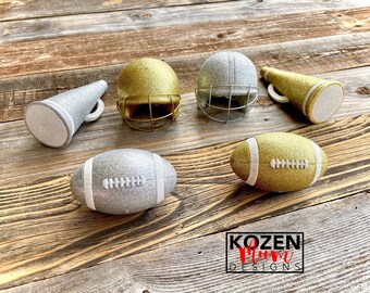 3D Football & Megaphone Ornaments, Gold/Silver; 4.5" Ball, 3.75" Helmet, 6" Megaphone Used for Homecoming Mums and Cheer Wreath Decor Gift