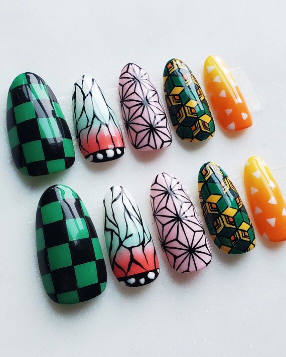 Kny Demon Slayer Anime Inspired Press On Nails Apres Med Etsy
