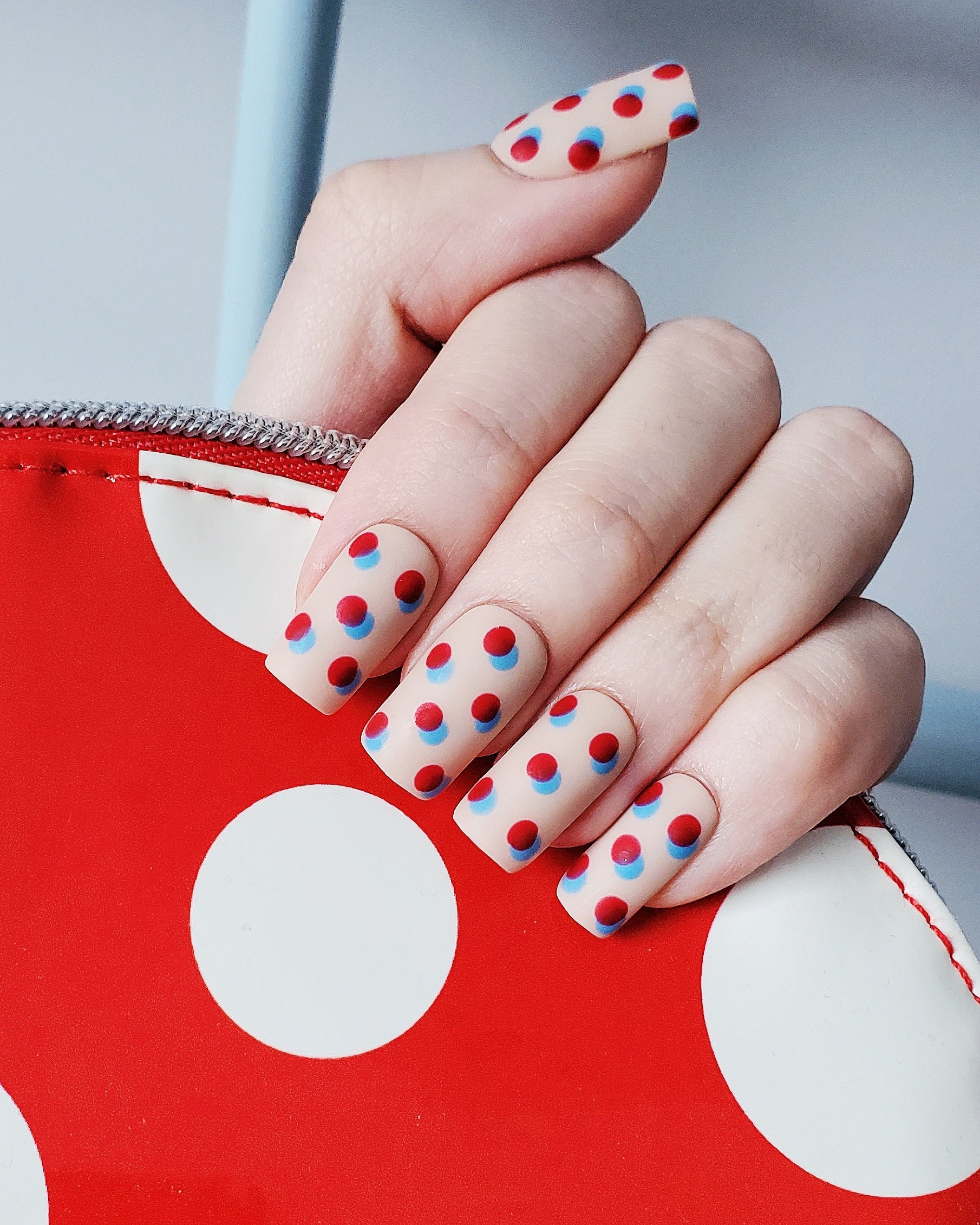 3D // Nude Red and Blue Polka Dot Matte Press on Nails - Etsy