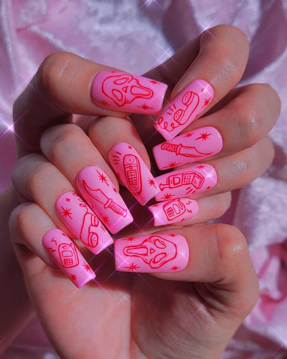 CALL ME // Scream Ghostface Halloween Pink Square Press on - Etsy Israel