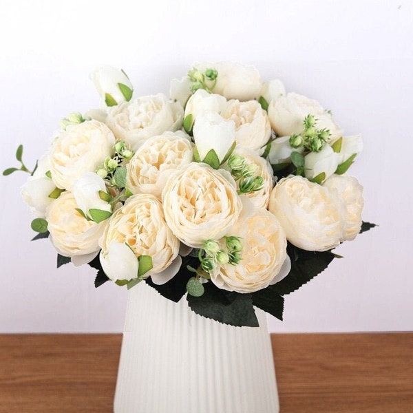 White Peony Arrangement-Faux Flower-Silk Peonies In Glass Vase-Peony Centerpiece-Artificial Faux Flower Arrangement-Home Decor Centerpiece