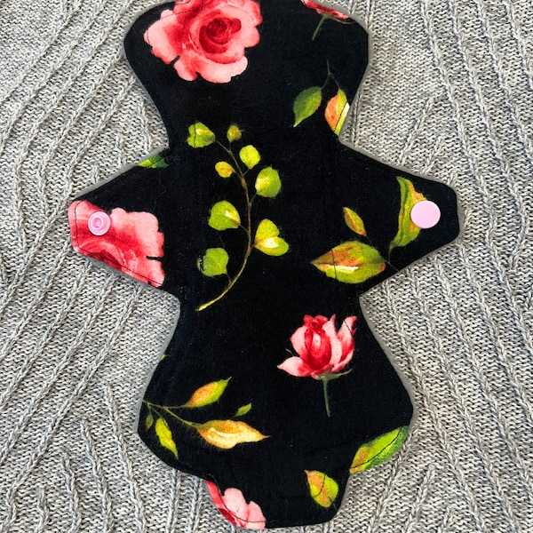 Roses on black, wide gusset,  Cloth pad, reusable pad, period pad, sanitary pad, eco friendly pad, sanitary pad