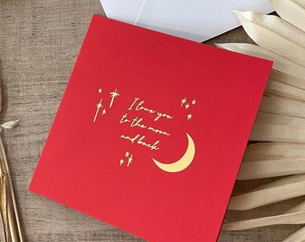 Gold Foil Love Card "I love you to the moon & back" stary night moon | Anniversary Valentines Birthday Wedding, Wife Husband Girlfriend