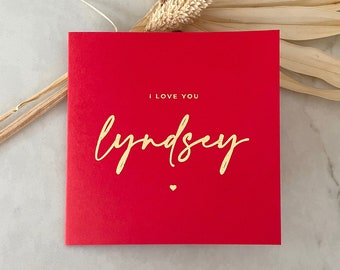 Carte personnalisée en feuille d'or « Je t'aime... [Nom] » Carte d'amour de mariage pour femme, mari, petite amie, petit ami