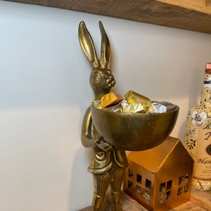 Hare Dish Stand | Candy Bowl | Holiday Decor | Rabbit Figure | Christmas | Home Decor | Antique Gold | Brass | Bookend | Winter | Seasonal