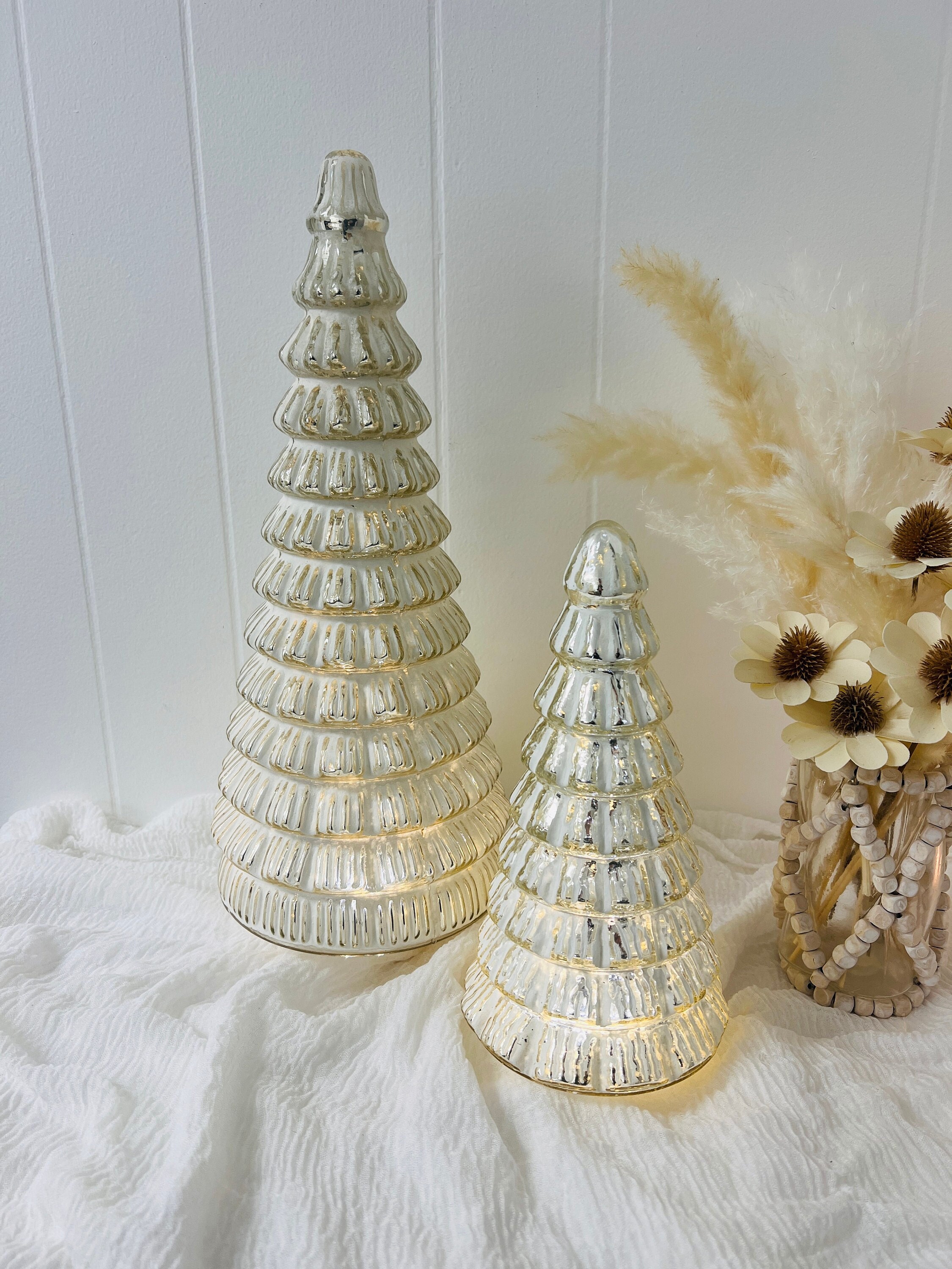LED Glass Christmas Tree Set: White & Silver Holiday Decor
