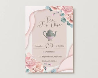 Tea For Three Tea Party Geburtstagseinladung Canva Template