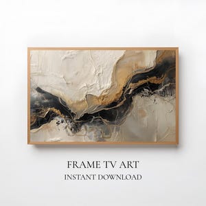 Puede incluir: Impresión artística abstracta en un marco de madera. La obra presenta un diseño texturizado con tonos crema, dorado, negro y gris. El texto en la parte inferior dice "FRAME TV ART INSTANT DOWNLOAD."