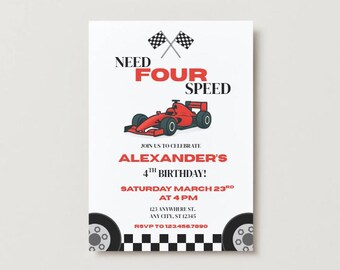 Necesito una plantilla de Canva para invitación de cumpleaños de 4 años de Four Speed