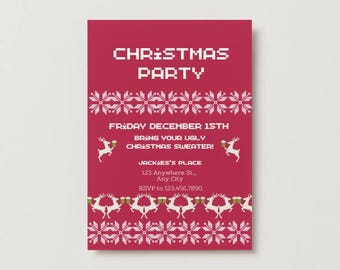May include: A red Christmas party invitation with white pixelated text and snowflake and reindeer patterns. The invitation reads "Christmas Party" and "Bring Your Ugly Christmas Sweater!" with the date and RSVP information.