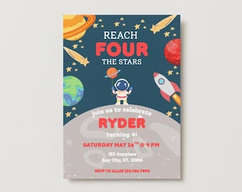 Reach Four The Stars Outer Space Party Invitation Canva Template Instant Download