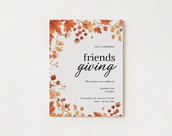 Elegant Floral Simple Friendsgiving Fall Dinner Party Invitation Canva Template