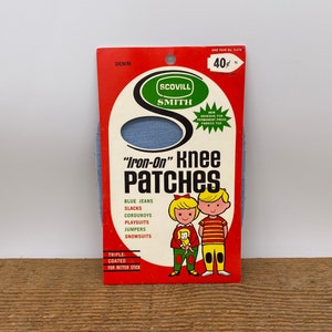 May include: Vintage package of Scovill Smith "Iron-On" knee patches in denim blue. The red and white package features illustrations of children and lists compatible fabrics like blue jeans, slacks, and snowsuits. The package is triple-coated for better stick.