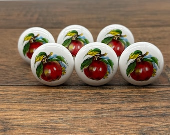 Set of 6 White Ceramic Apple Dresser Knobs, Country Style