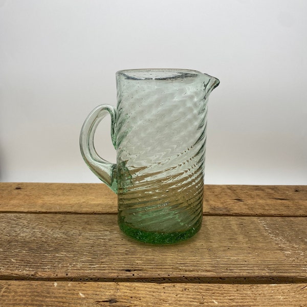 Small Apple Green Handblown Glass Pitcher with Raised Ripple Pattern