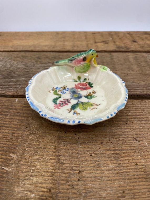 Hand Painted Floral Bird Trinket Dish