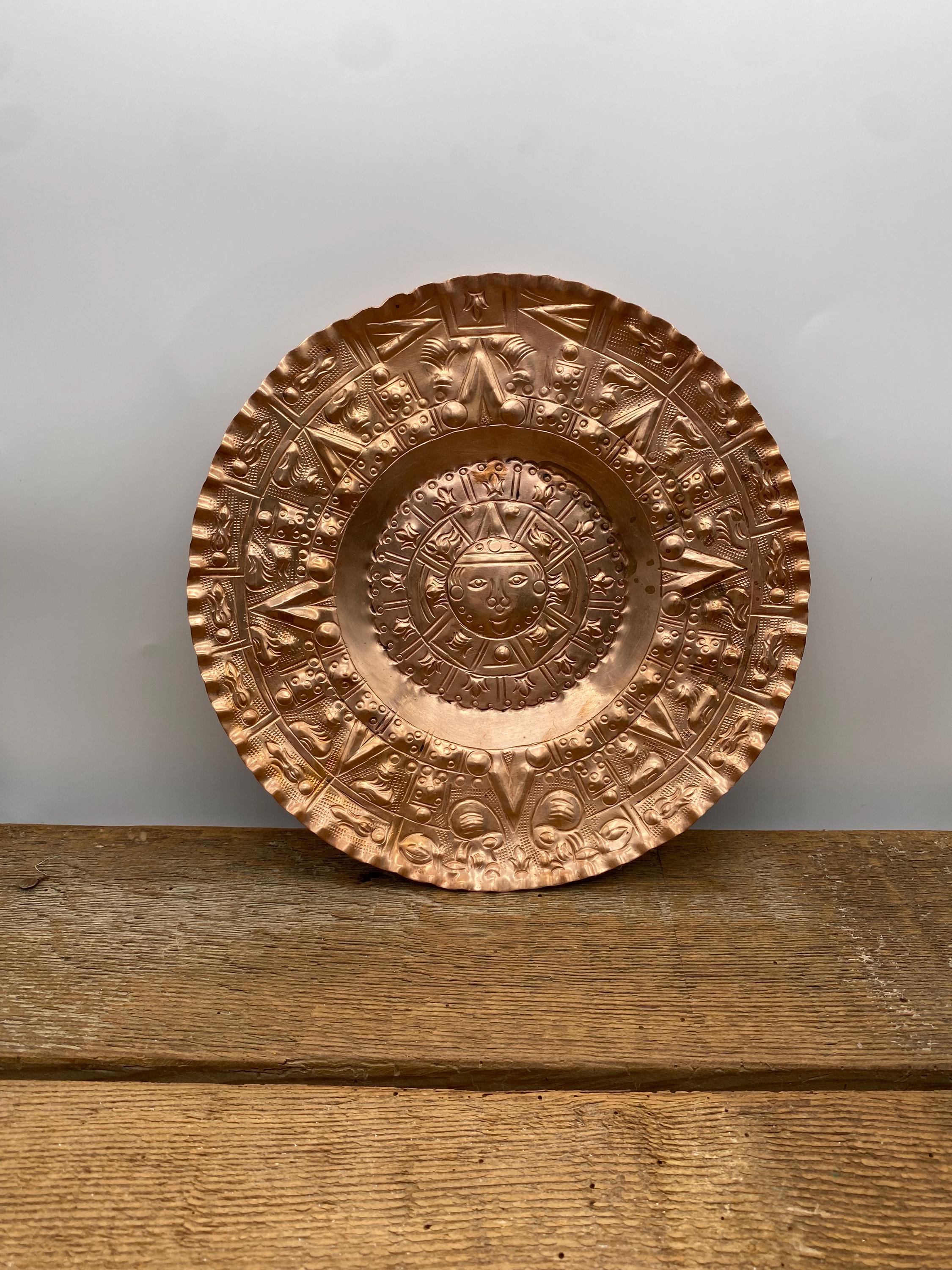 Vintage Mexican Copper Aztec Mayan Calendar Plate by R Albanez