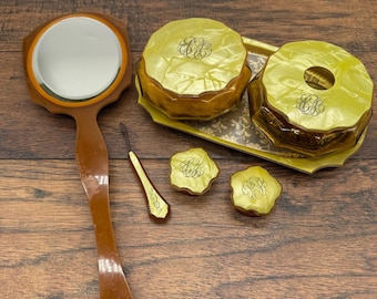 Vintage Art Deco Celluloid Vanity Set – Monogrammed 7-Piece Dresser Set