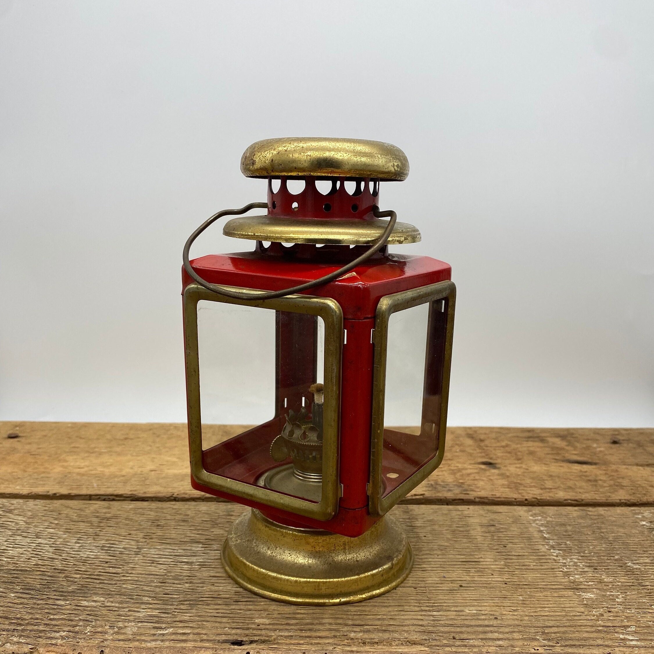 Vintage Red and Gold Nautical Oil Lamp Lantern With Glass Panels and Vent 