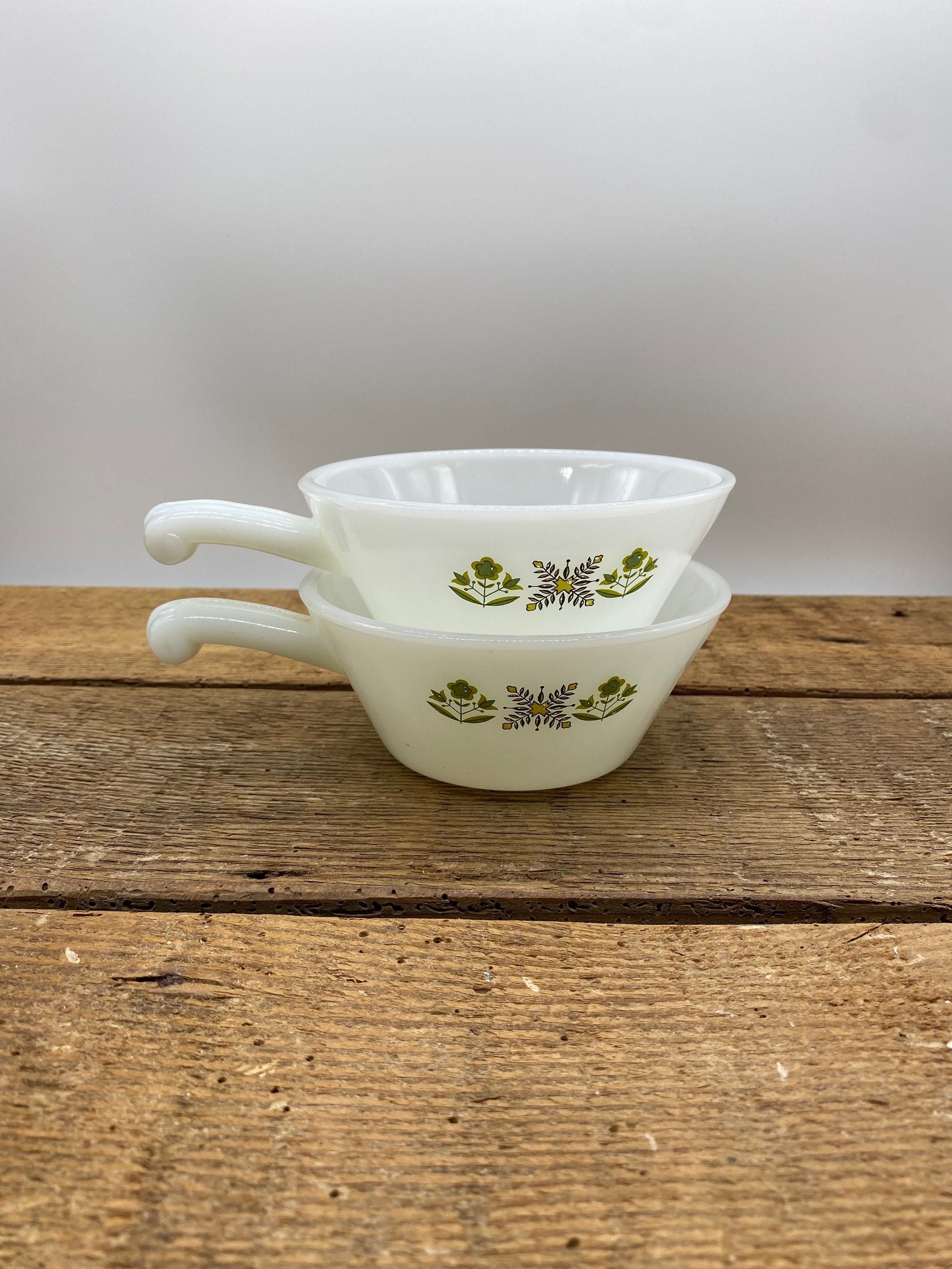 Fire King Meadow Green Anchor Hocking Handled Soup Bowl Set of 2