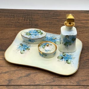 Vintage Limoges Hand Painted Blue Floral Vanity Set, Tray Perfume Bottle Powder Jar