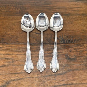 May include: Three silver serving spoons with ornate floral detailing on the handles. One spoon has a slotted design. The spoons are arranged on a dark wood surface, creating a classic and elegant aesthetic.
