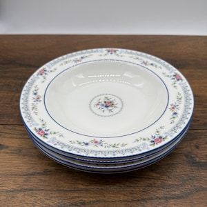 Set of 4 Wedgwood Rosedale Rimmed Soup Bowls – Vintage English Bone China, Floral Pink & Blue Pattern, Cottagecore Soup Bowls