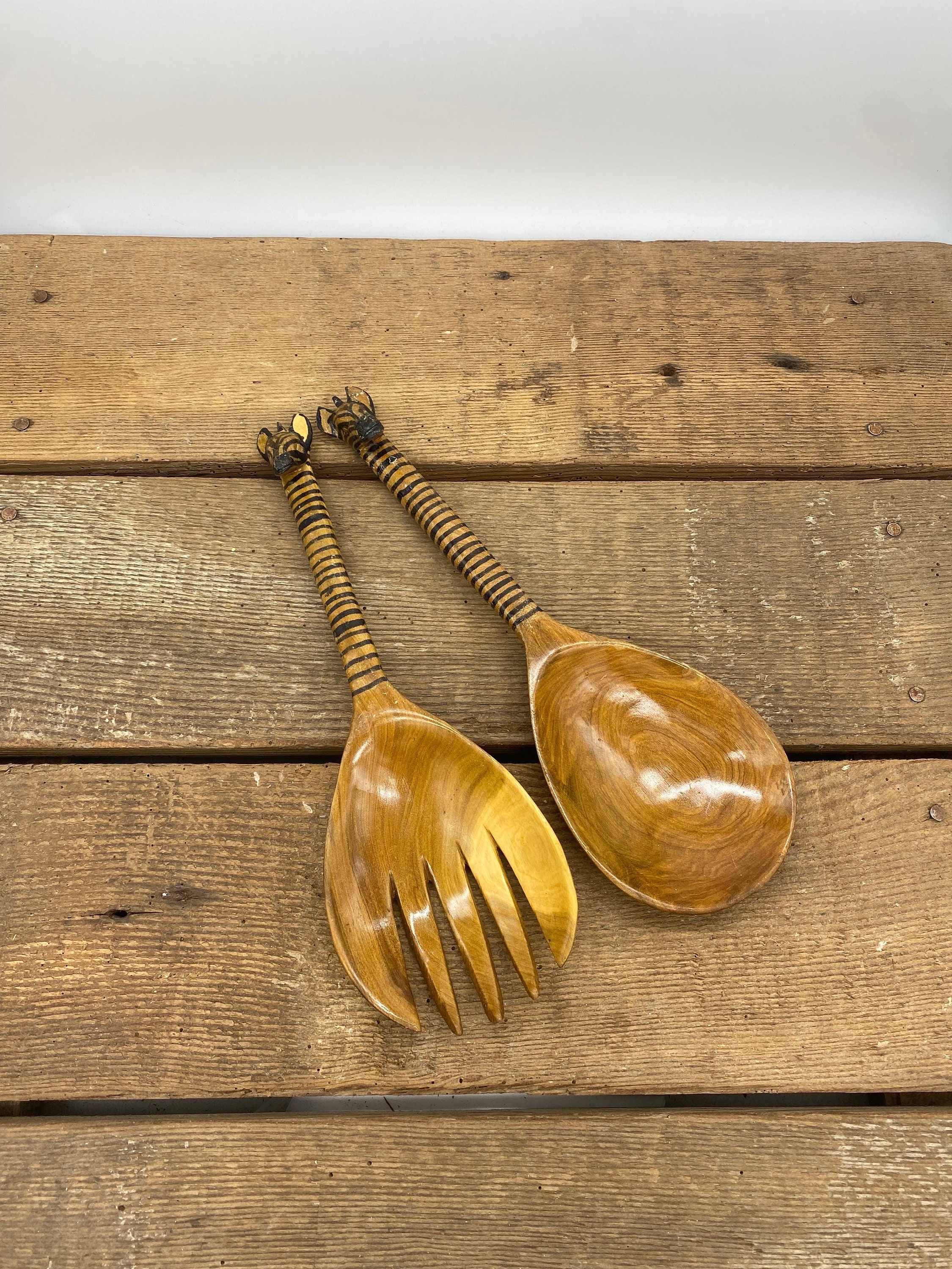 Set Ancien De Couverts à Salade En Bois Sculpté – Artisanat Africain Vintage