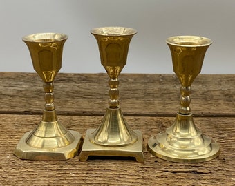 Set of 3 Small Brass Candlestick Holders