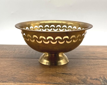 Vintage Brass Pedestal Bowl Pierced Rim Centerpiece