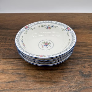 Set of 4 Wedgwood Rosedale Coupe Cereal Bowls – Vintage English Bone China, Floral Blue & Pink Pattern, Discontinued Collectible Tableware
