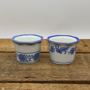 May include: Two small, white ceramic pots with blue floral designs. The pots have a scalloped rim and a blue border. One pot features a floral band, while the other has individual flowers and leaves. They sit on a wooden surface.