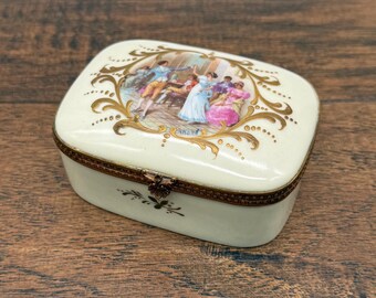 Vintage Porcelain Wild Rose Trinket Box, English Rose and Gold