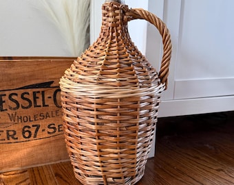 Vintage Wicker Wrapped Demijohn Bottle with Handle