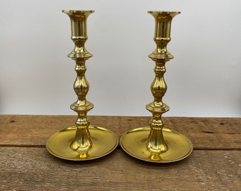 Set of 2 Brass Candlestick Holders with Round Base