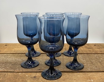 7 Vintage Libbey Tulip Dusky Blue Water Goblets - Blue Stemware Set