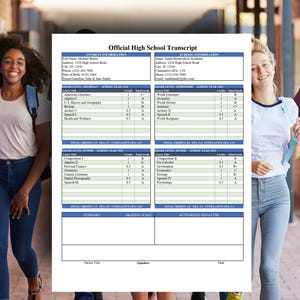 May include: A high school transcript with student information and course grades is displayed. The document is in a blue and white format. Three students are walking in a school hallway, smiling and wearing backpacks.