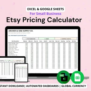 Puede incluir: Una calculadora de precios de Etsy digital que se muestra en una computadora portátil, tableta y teléfono. La pantalla muestra una hoja de cálculo con descripciones de artículos y análisis de costos. La imagen incluye el texto "Excel & Google Sheets For Small Business Etsy Pricing Calculator".