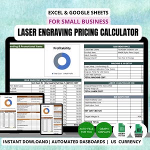 May include: A laptop, tablet, and smartphone display a laser engraving pricing calculator spreadsheet. The calculator includes sections for inventory, labour, and profit analysis. Text on the screen reads "Laser Engraving Pricing Calculator".