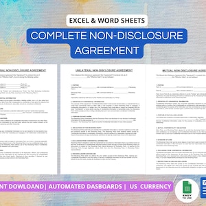 Op de afbeelding: Afbeelding van drie sjablonen voor geheimhoudingsovereenkomsten. De bovenste banner luidt "COMPLETE NON-DISCLOSURE AGREEMENT". De onderste banner luidt "INSTANT DOWNLOAD | AUTOMATED DASHBOARDS | US CURRENCY". Pictogrammen voor Excel, Word en PDF zijn zichtbaar.